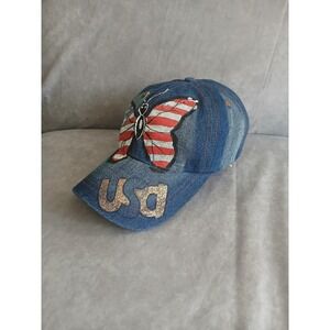 USA Butterfly Denim Baseball Cap Blue Americana Flag Glitter Hat Adjustable